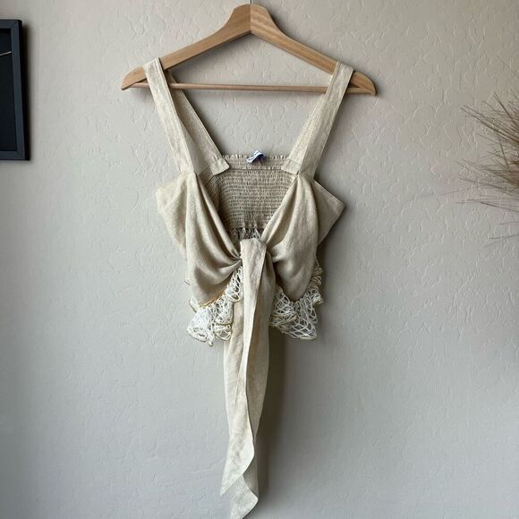 My Beachy Side‎ Top Crop Lace Tie Front Tan Crochet Tank Top OS - Picture 6 of 6